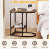 C-shaped modern sofa side table in rustic brown with faux marble top and 2-tier storage for lamps and cups.