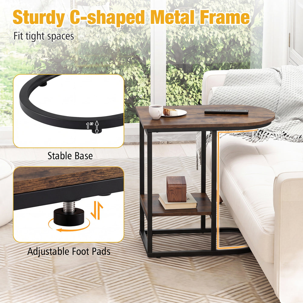 C-shaped modern sofa side table with faux marble tabletop and sturdy metal frame, perfect for tight spaces and storage.
