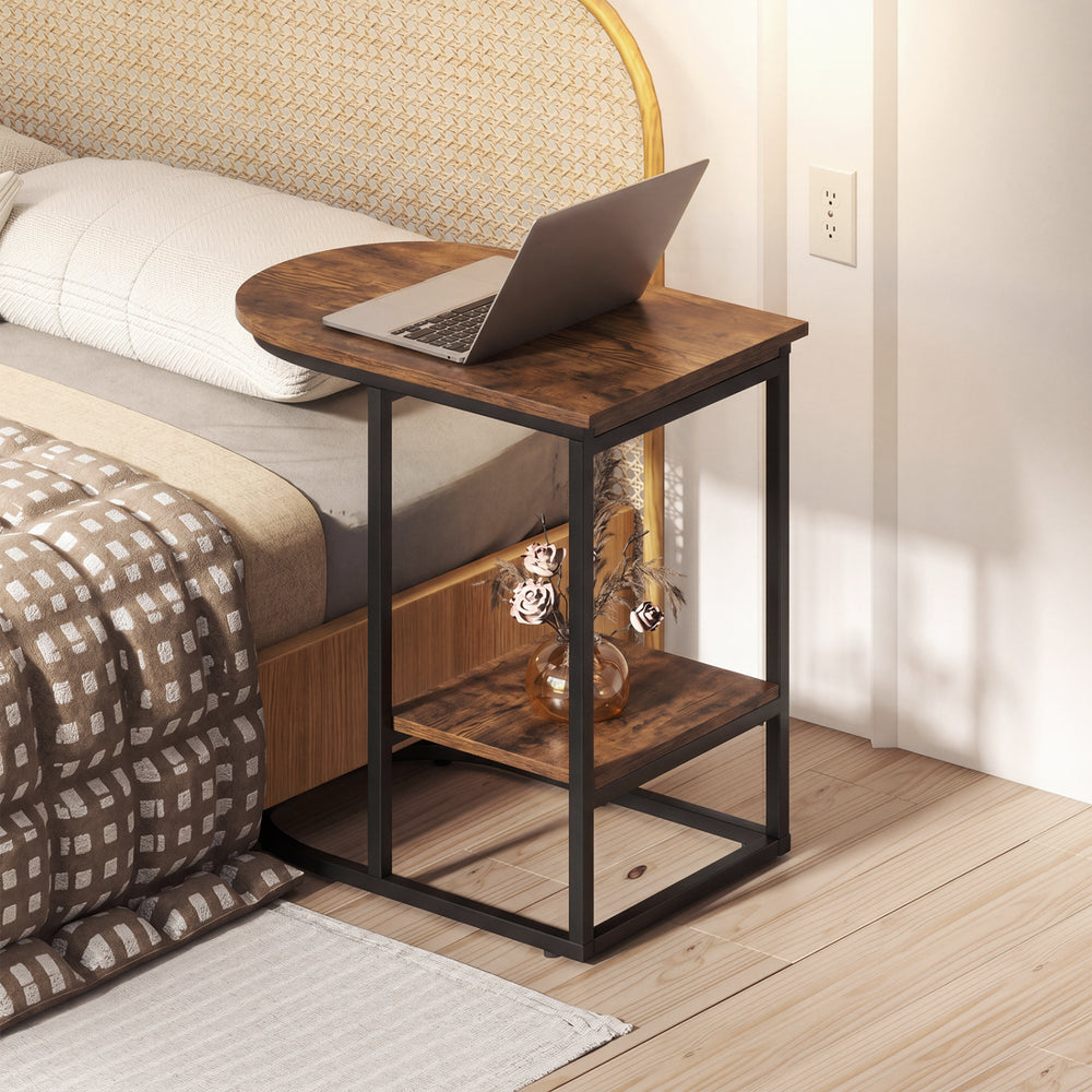C-shaped modern side table in rustic brown with faux marble top and 2-tier storage, perfect for tight spaces.