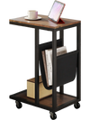 C-shaped side table with a brown wood finish, canvas storage pouch, and metal frame, perfect for small spaces.