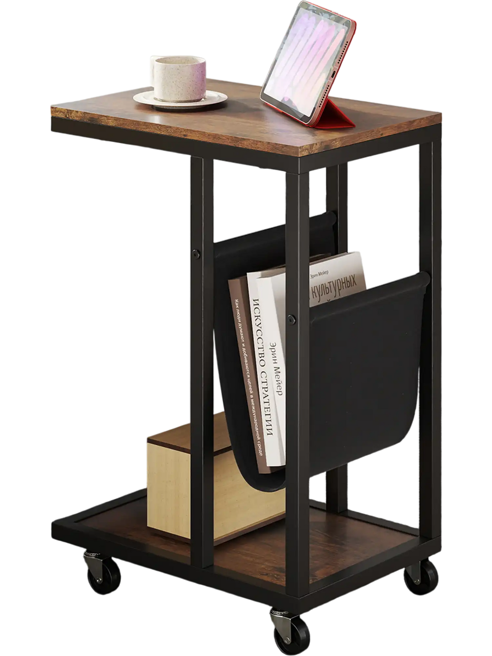 C-shaped side table with a brown wood finish, canvas storage pouch, and metal frame, perfect for small spaces.