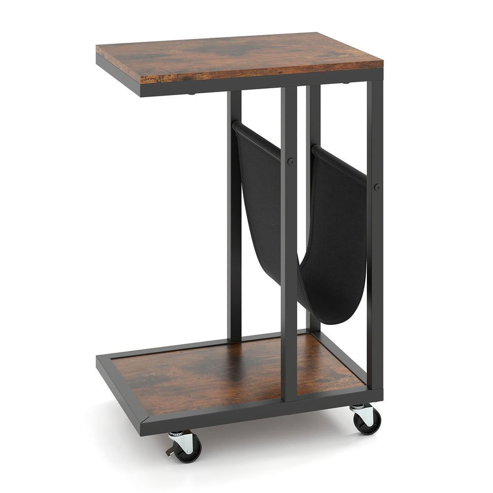 C-shaped side table with a brown wood top, metal frame, and canvas storage pouch, ideal for small spaces and easy.