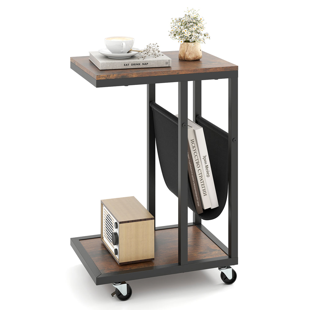 C-shaped side table with a brown metal frame, canvas storage pouch, and wheels for easy mobility in small spaces.