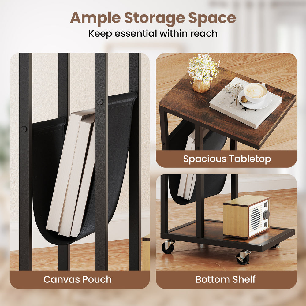 C-shaped side table with a spacious tabletop, canvas storage pouch, and metal frame for easy mobility and rustic style.