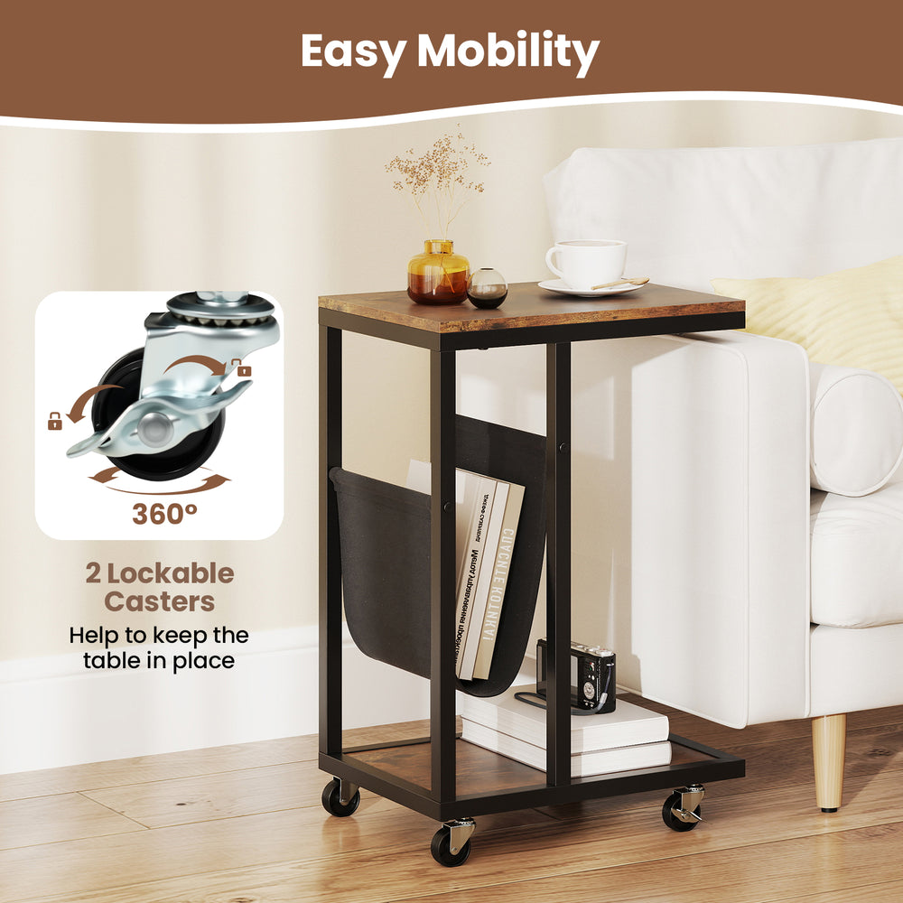 C-shaped side table with a metal frame and canvas storage pouch, featuring 2 lockable casters for stability and.