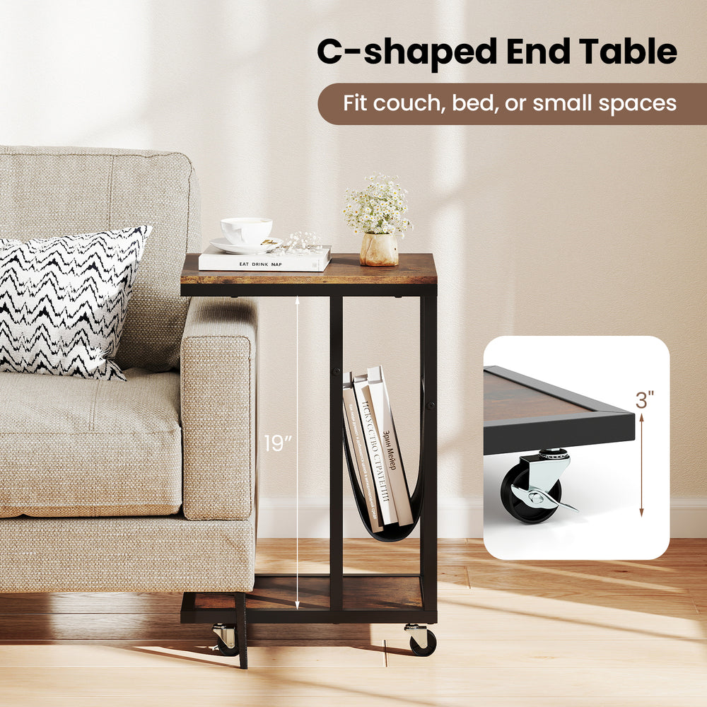 C-shaped end table with a brown metal frame and canvas storage pouch, perfect for small spaces beside a couch or bed.