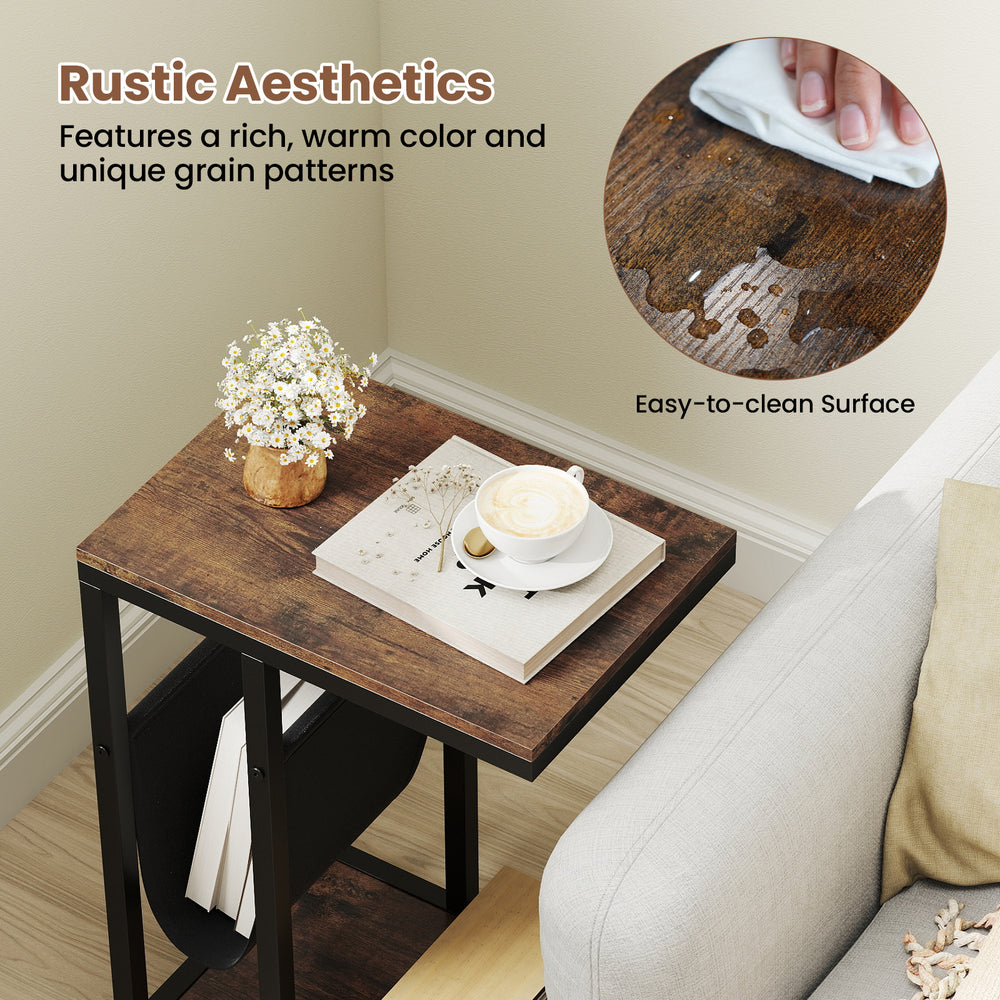 C-shaped side table in brown with canvas storage pouch, featuring a rustic design and easy-to-clean surface.