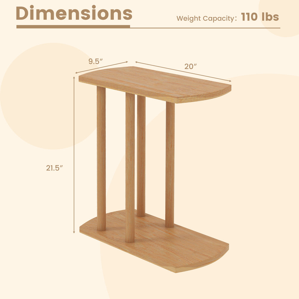 Narrow C-shaped teak wood side table with 2 tiers, showcasing dimensions of 20" x 9.5" x 21.5", perfect for.