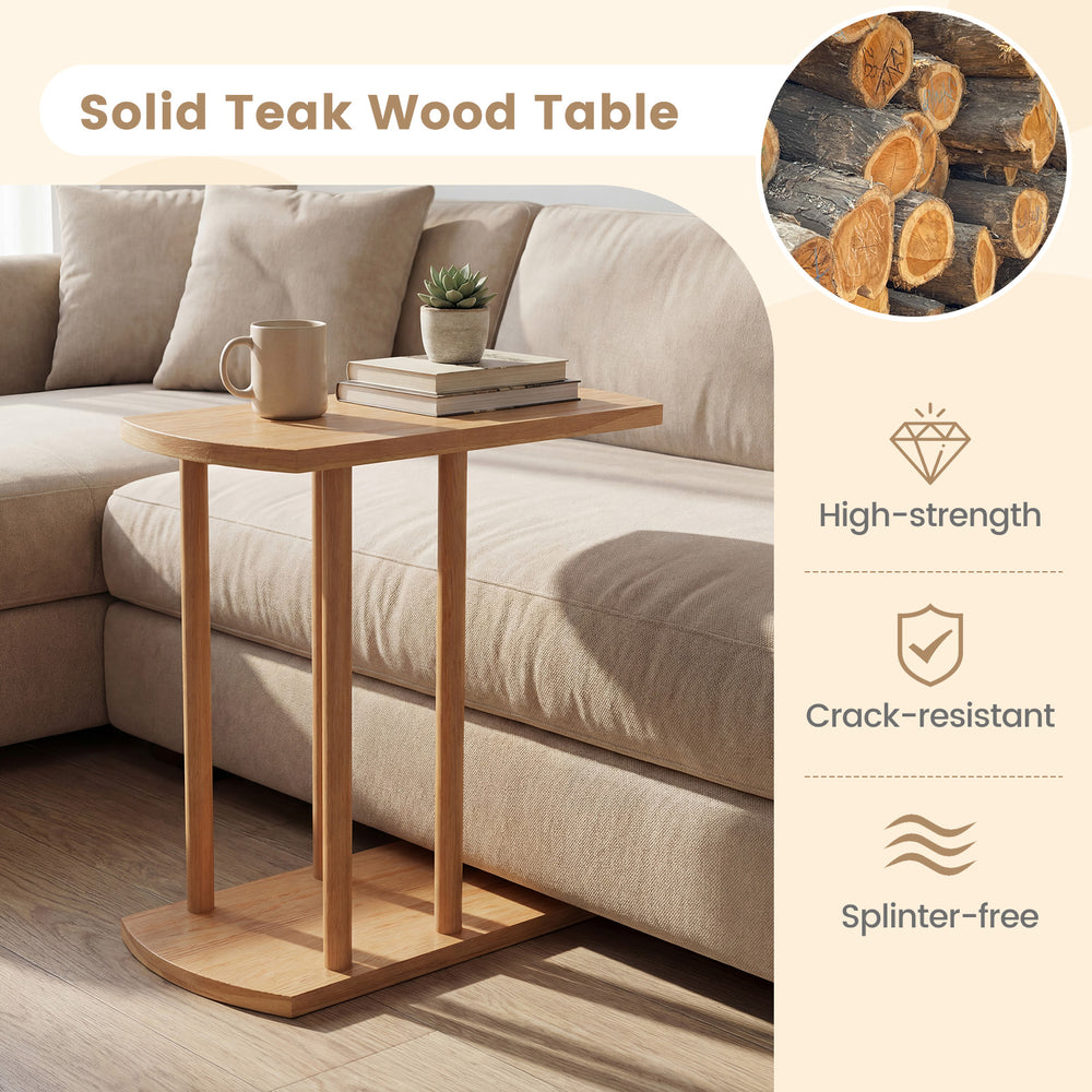Narrow C-shaped teak wood side table with thickened top, featuring a sturdy base and 2-tier design for space-saving use.