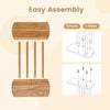 Narrow C-shaped teak wood side table assembly guide showing 6 parts and 2 simple steps for easy setup.