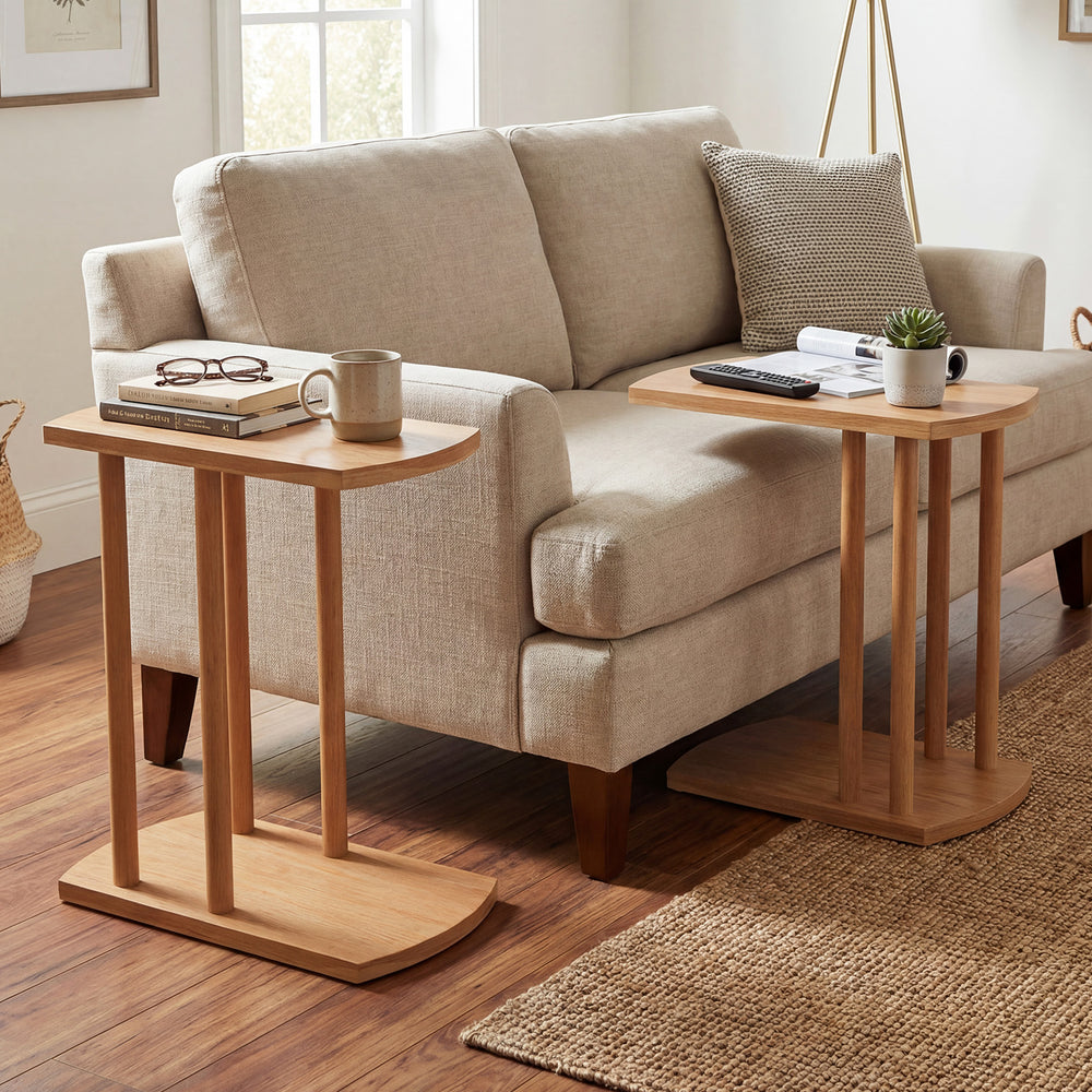 Narrow C-shaped teak wood side table with thickened top, perfect for couches and easy to assemble for versatile use.