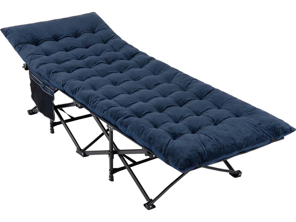 Navy camping cot features a soft padded mat, heavy-duty metal frame, and convenient carrying bag for easy transport.