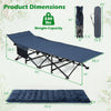 Camping cot with a soft padded mat, navy color, featuring a foldable design and carrying bag for easy transport.