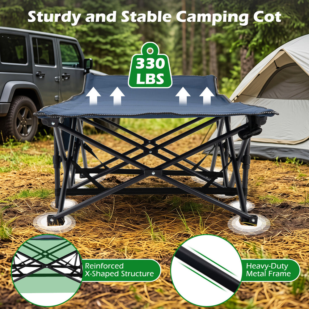 Camping cot with a heavy-duty metal frame and soft padded mat, designed for stability and easy transport for outdoor use.