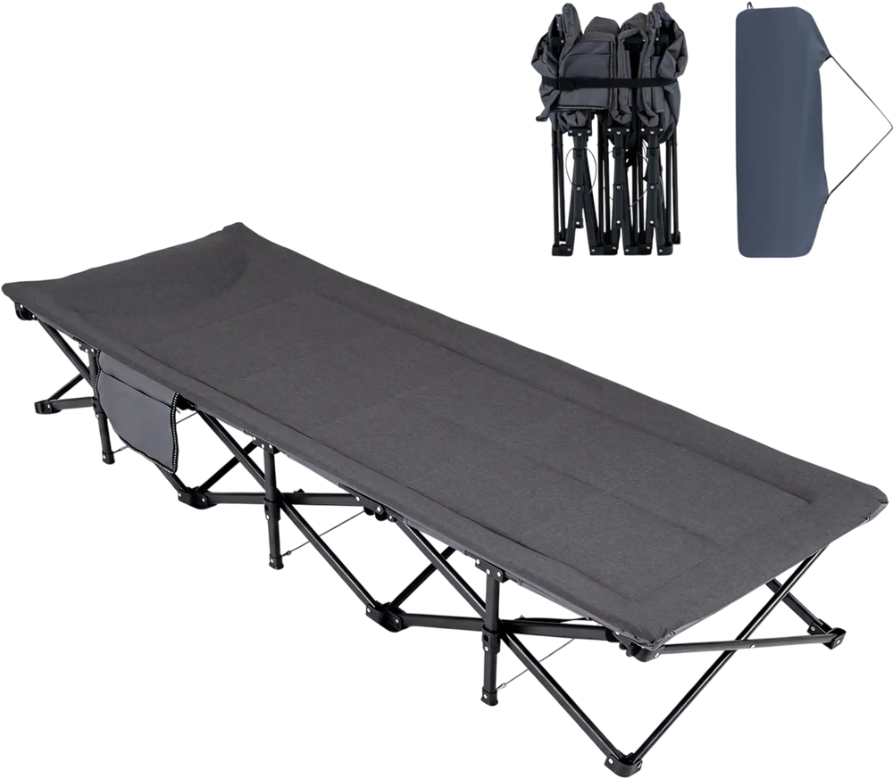 Camping cot in gray with padded pillow, side storage pouch, and stable construction for easy outdoor travel.