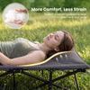 Camping cot with cotton-padded headrest and side storage pouch, designed for comfort and stability during outdoor travel.