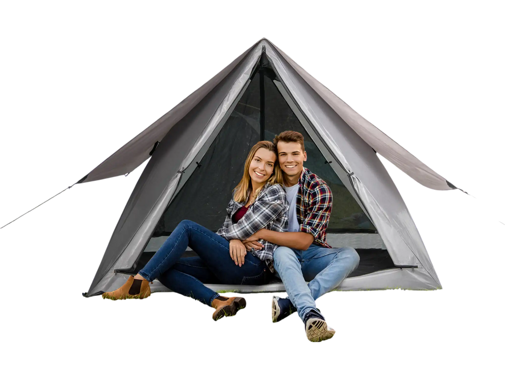 Pop-up camping tent for 2-3 people in gray, featuring mesh windows and rainfly, ideal for hiking trips.