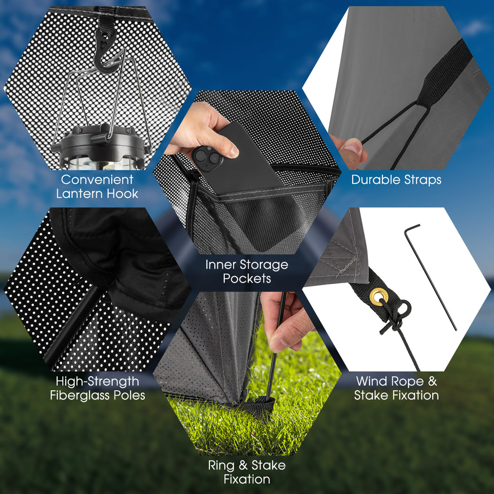 Pop-up camping tent features durable straps, inner storage pockets, and a lantern hook for easy setup and convenience.