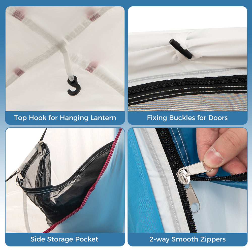 Top hook for hanging lantern, fixing buckles for doors, side storage pocket, and 2-way smooth zippers in a camping tent.