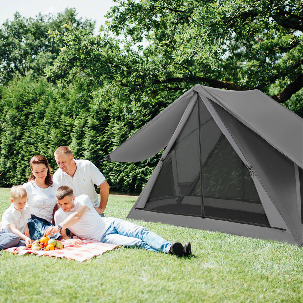 Pop-up camping tent for 2-3 people in gray with rainfly, set up in a grassy area for outdoor family activities.