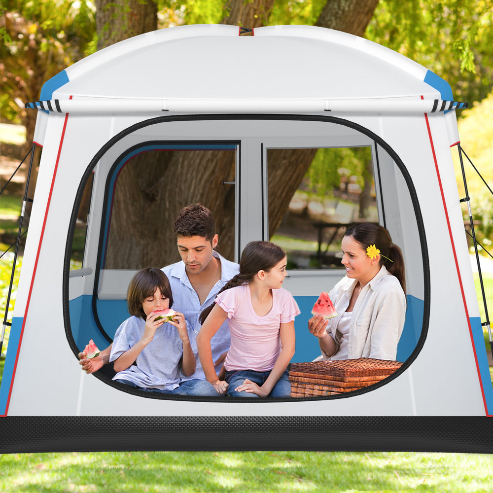 5-person camping tent with mesh windows, featuring a spacious interior for family outings, ideal for camping and hiking.