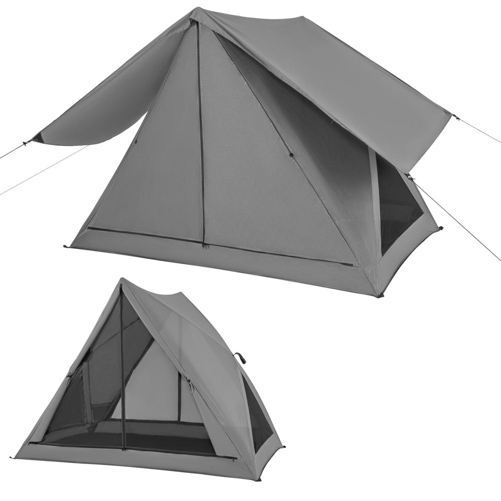 Gray pop-up camping tent for 2-3 people with rainfly, featuring mesh windows and 360-degree visibility for outdoor.