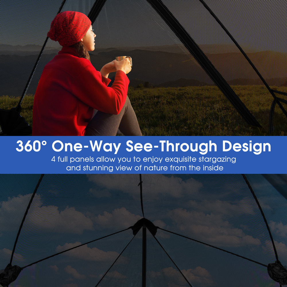 Pop-up camping tent for 2-3 people with 360° visibility, featuring one-way see-through panels and rainfly for.