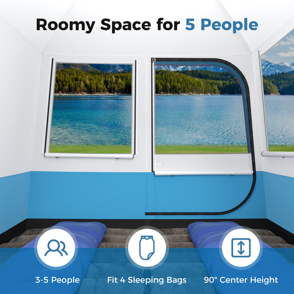 Roomy 5-person camping tent with mesh windows, waterproof fabric, and carrying bag, ideal for camping and hiking.