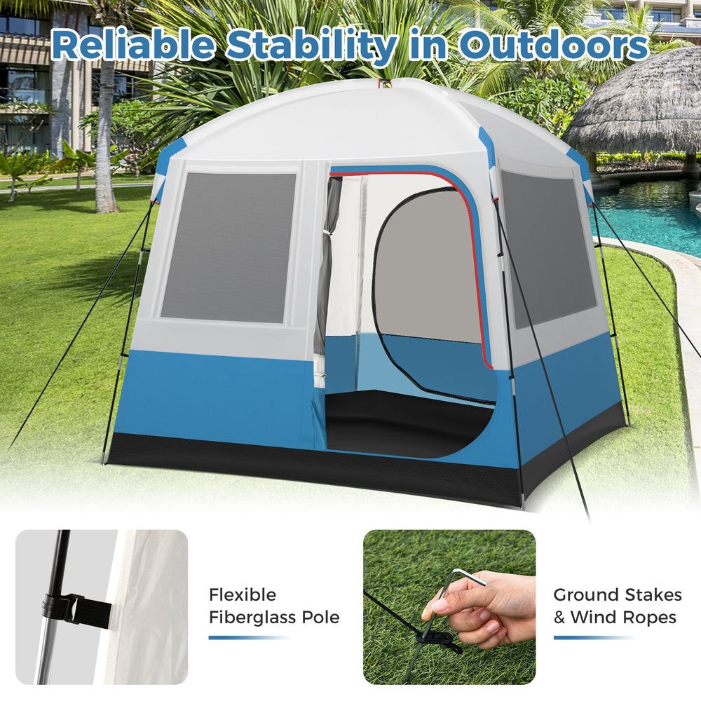 5-person camping tent with mesh windows, flexible fiberglass poles, and ground stakes for outdoor stability and.