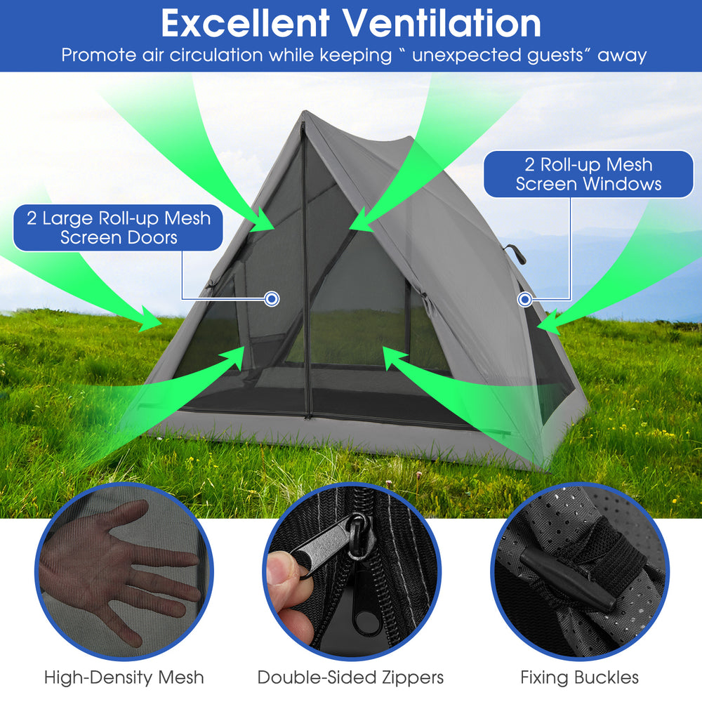 Pop-up camping tent with double-layer mesh windows and doors for ventilation, ideal for 2-3 people on hiking trips.