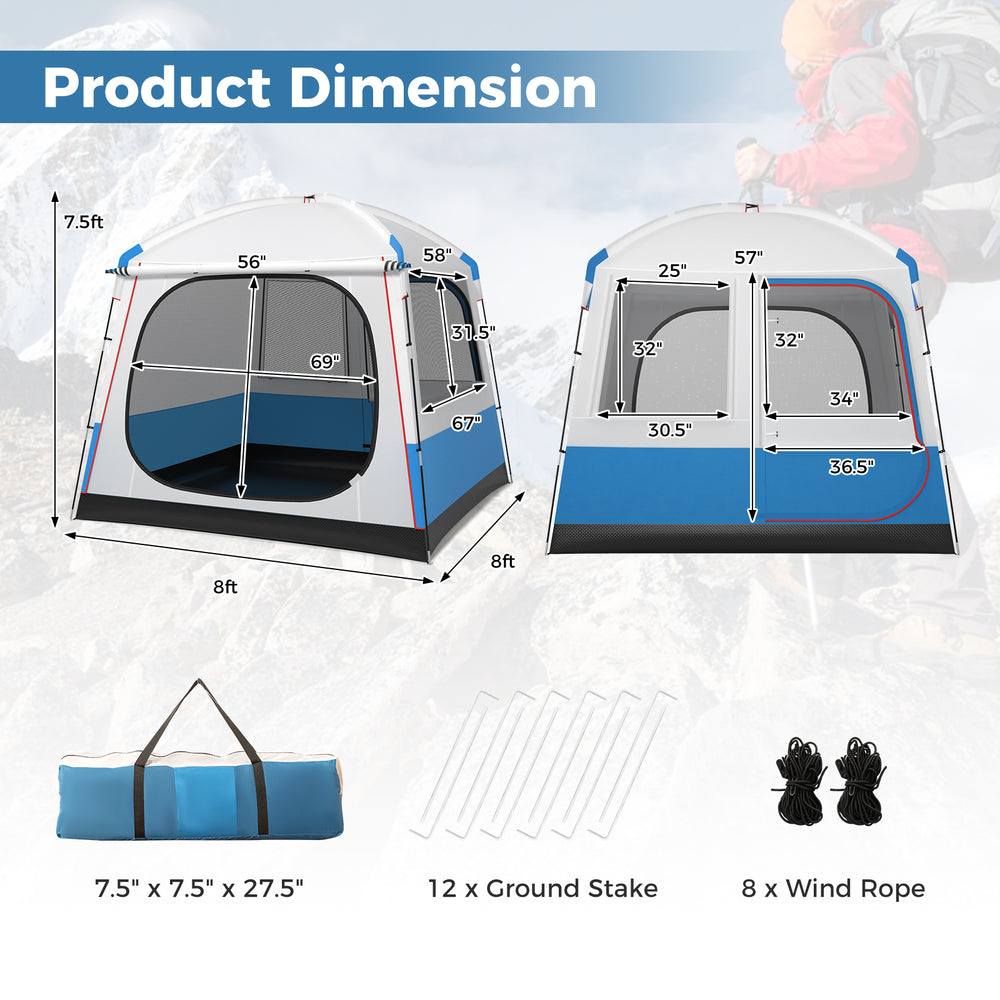 Dimensions of a 5-person camping tent with mesh windows, featuring waterproof fabric and included carrying bag for easy.