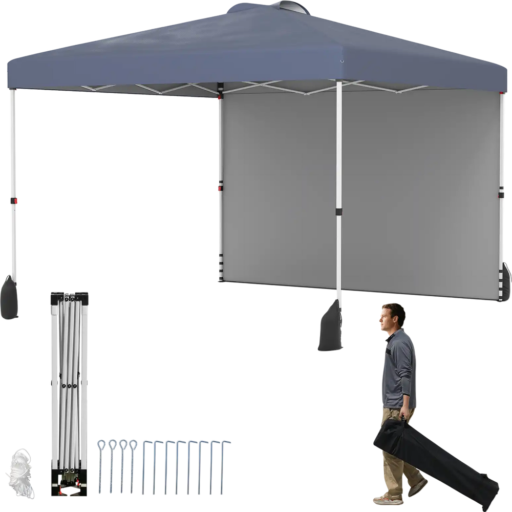 Gray 10 x 10 ft pop-up canopy tent with sidewall, wheeled bag, and stakes for easy setup and sun protection.