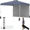Gray 10 x 10 ft pop-up canopy tent with sidewall, wheeled bag, and stakes for easy setup and sun protection.