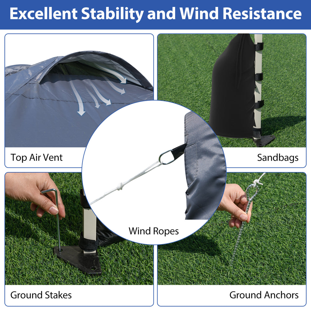 Pop-up canopy tent features wind ropes, sandbags, and stakes for stability; ideal for outdoor events and sun protection.