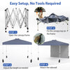 Pop-up canopy tent setup steps showing frame opening, canopy attachment, height adjustment, and sidewall installation.