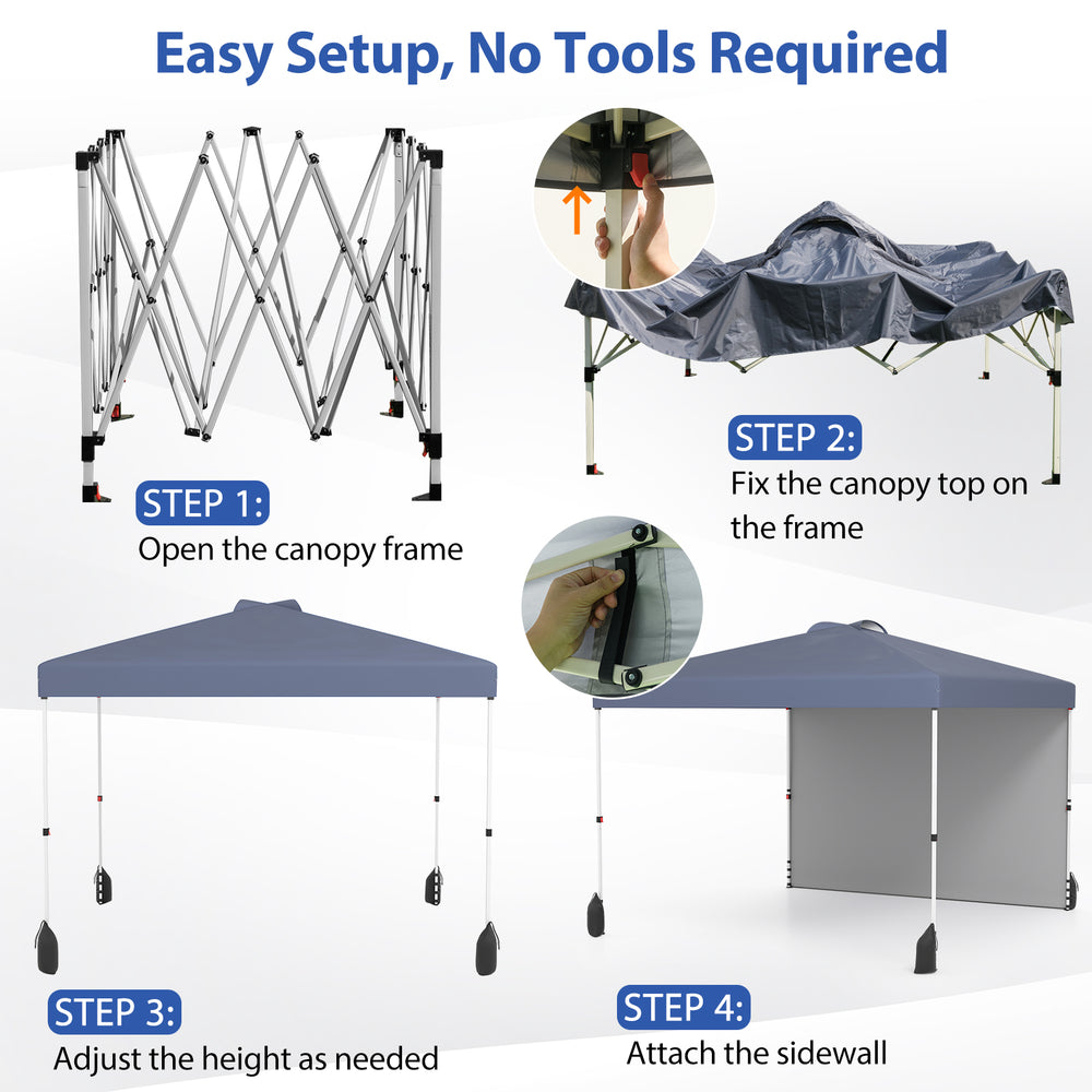 Pop-up canopy tent setup steps showing frame opening, canopy attachment, height adjustment, and sidewall installation.