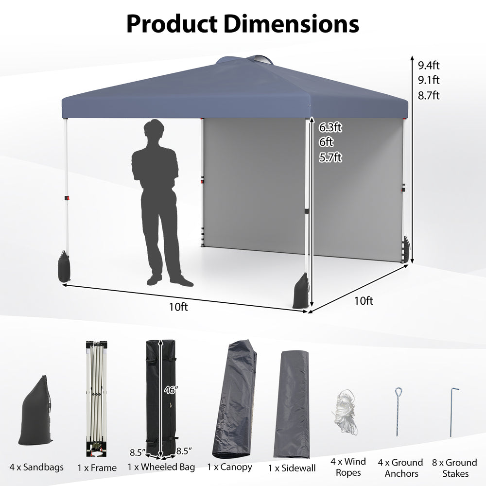 10x10 FT gray pop-up canopy tent with sidewall, showing dimensions and included accessories for easy setup and.