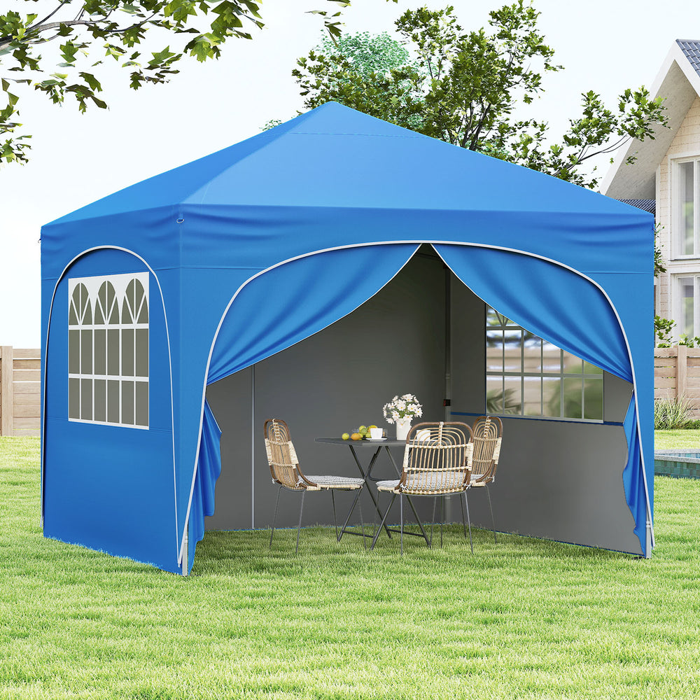 Blue 10x10 FT pop-up canopy tent with removable sidewalls, ideal for outdoor events and providing UPF50+ sun protection.