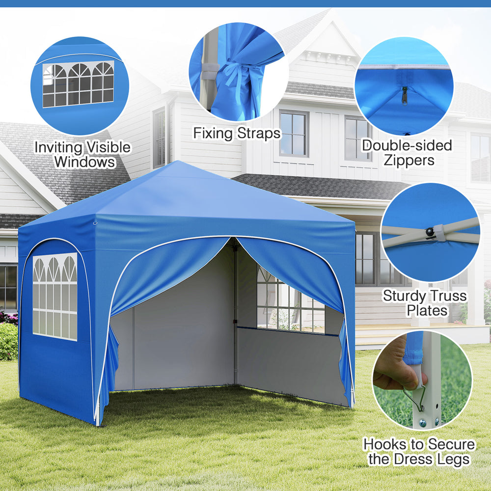 Blue 10 x 10 ft pop-up canopy tent with removable sidewalls, sturdy truss plates, ideal for outdoor events and picnics.