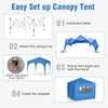 Pop-up canopy tent setup steps showing frame unfolding, attaching sidewalls, and height adjustment for outdoor events.