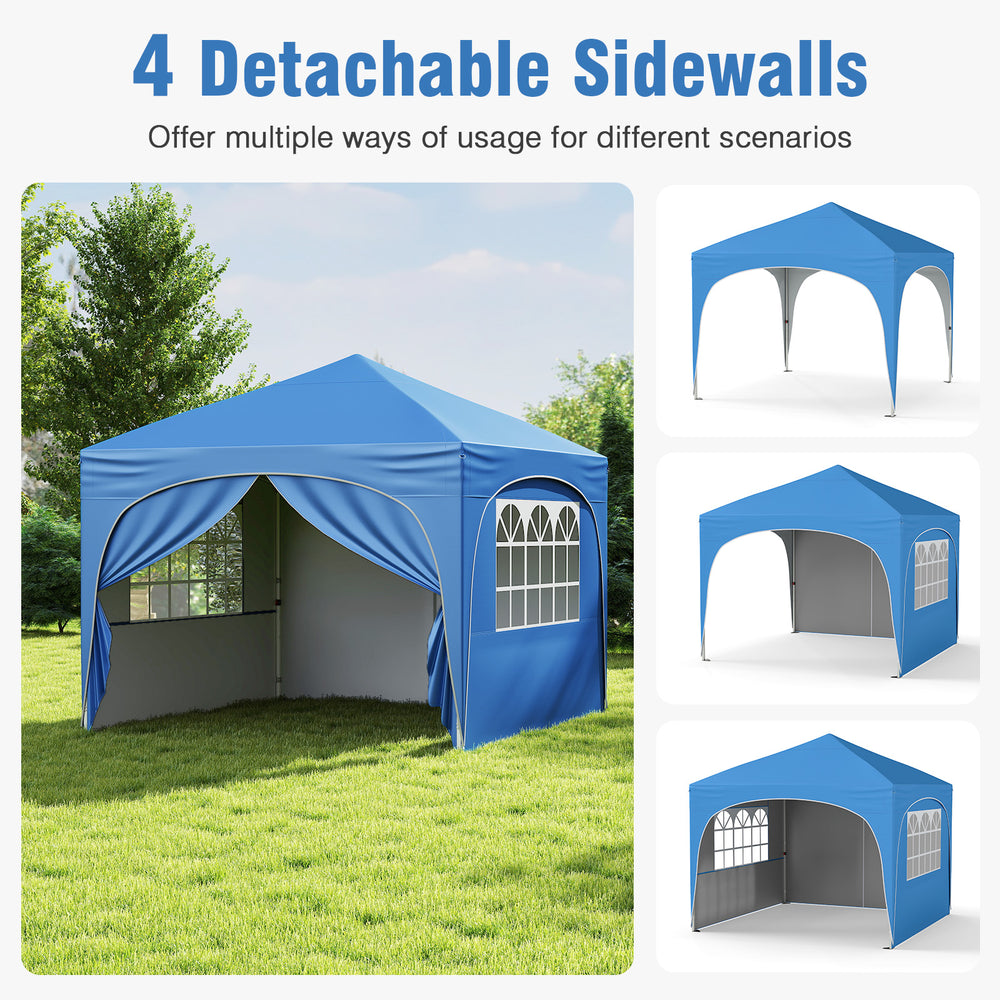 10x10 FT blue pop-up canopy tent with 4 removable sidewalls, ideal for outdoor events and sun protection.