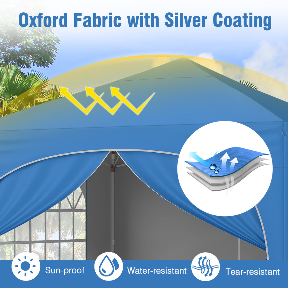 Blue pop-up canopy tent with silver coating, water-resistant oxford fabric, ideal for outdoor events and sun protection.