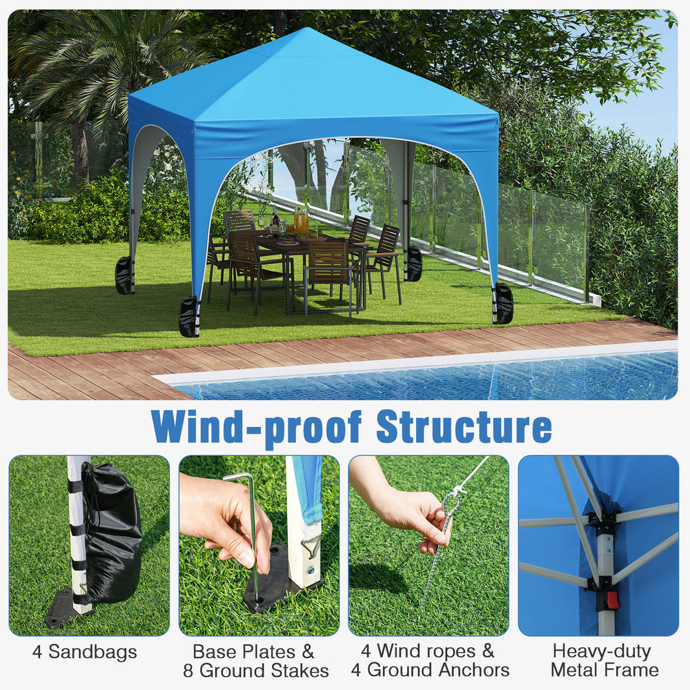 Blue 10x10 FT pop-up canopy tent with removable sidewalls, secured with sandbags and wind ropes for outdoor events.