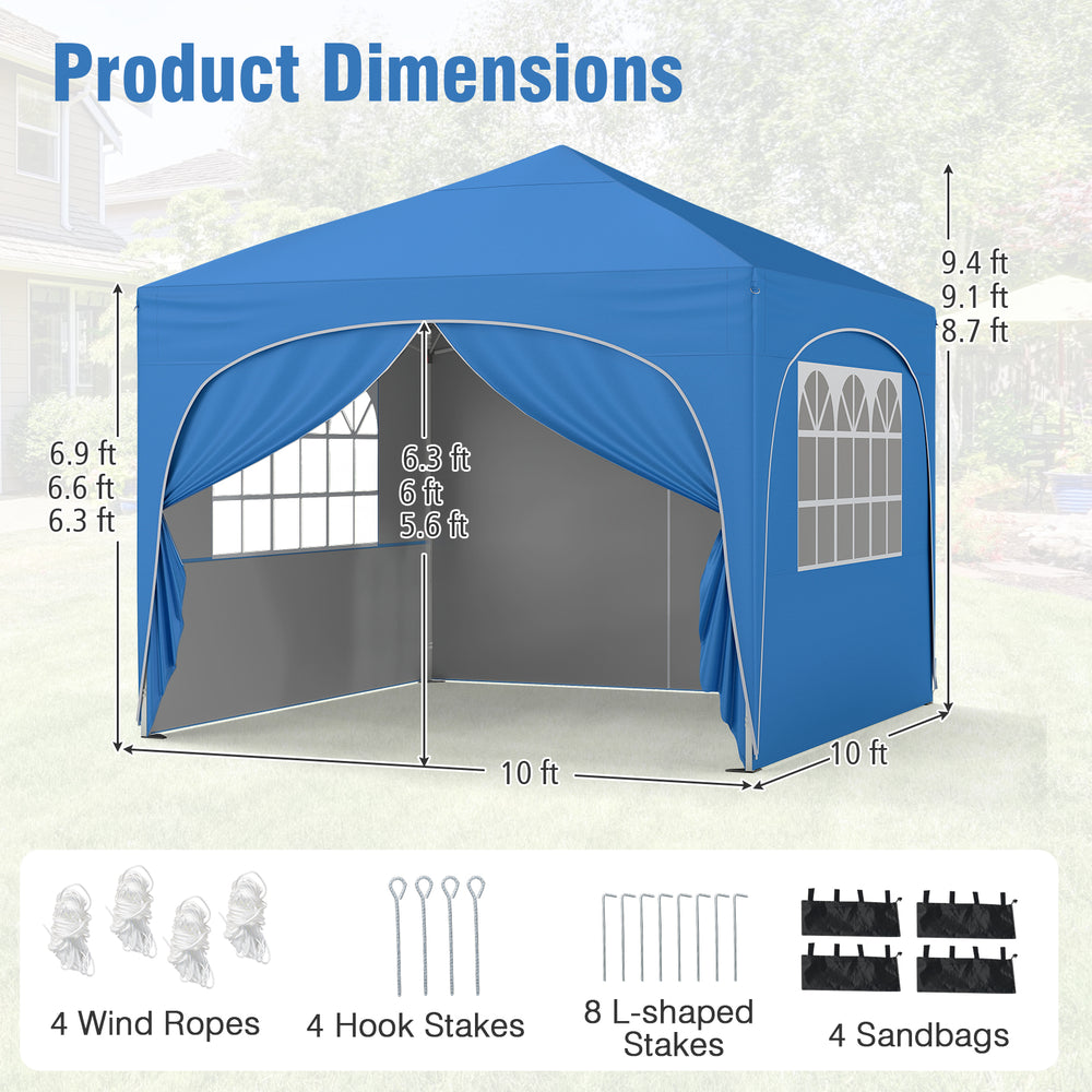 10x10 ft blue pop-up canopy tent with 4 removable sidewalls, ideal for outdoor events and providing UPF50+ sun.