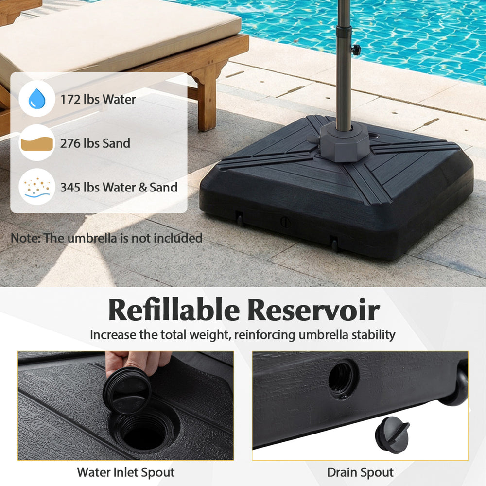 Cantilever offset umbrella base with wheels, refillable reservoir, and durable HDPE material for poolside stability.