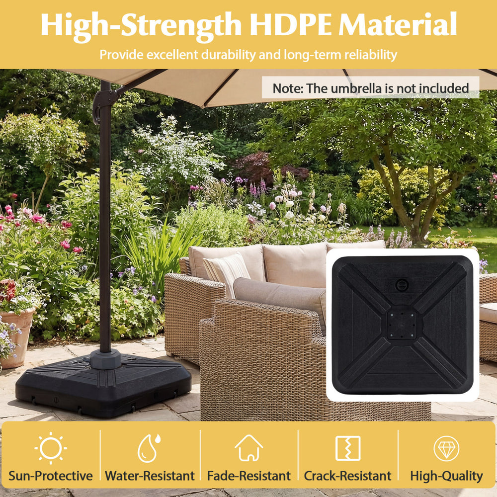 Cantilever offset umbrella base with wheels, made of reinforced HDPE, ideal for patio stability and easy repositioning.