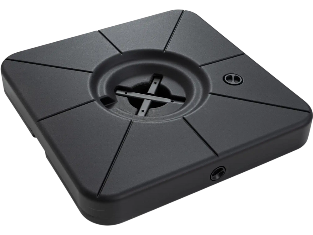 Heavy-duty black cantilever patio umbrella base, 220 lbs capacity, fillable with water or sand for stability.