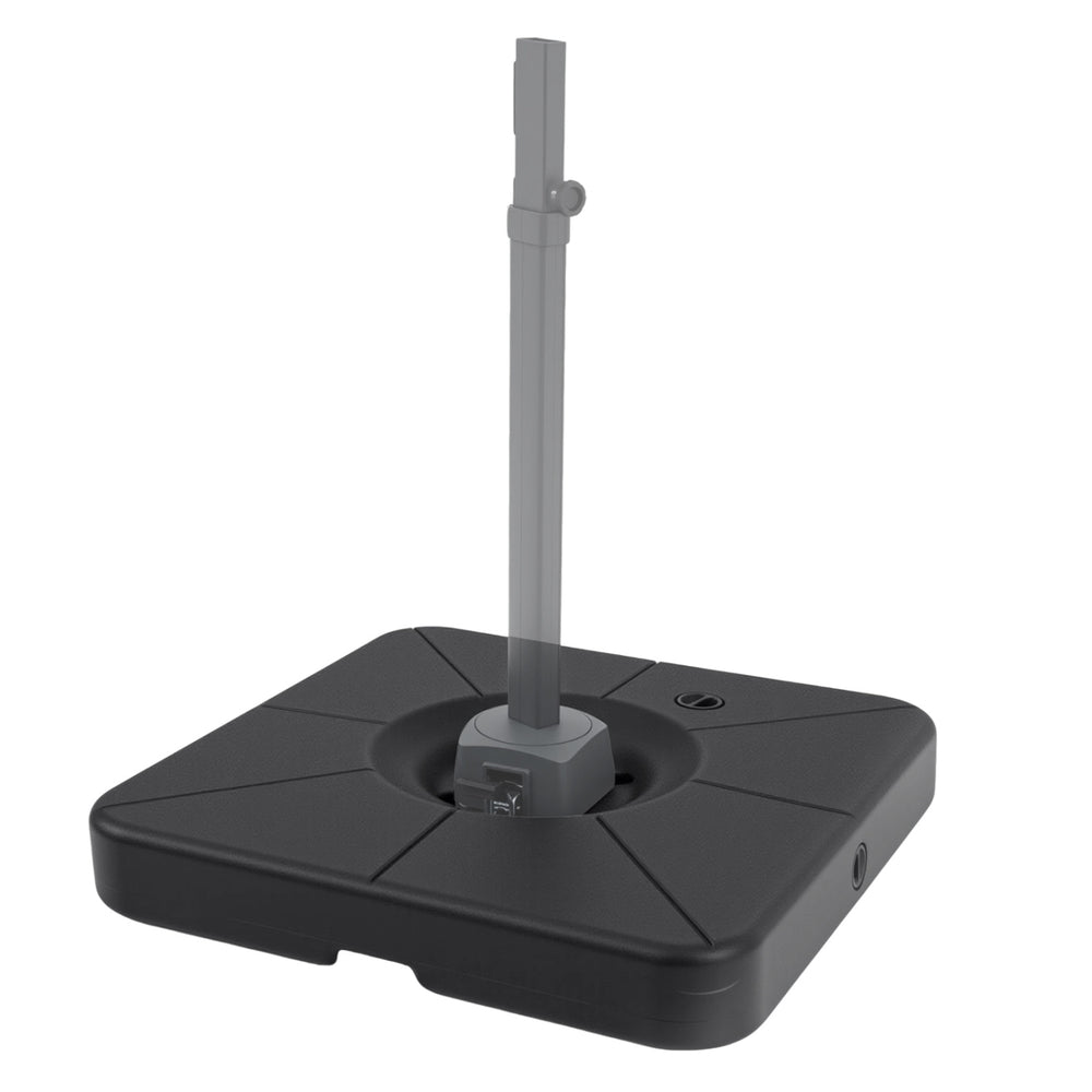 Black cantilever patio umbrella base, 220 lbs capacity, water and sand fillable, designed for easy transport and.
