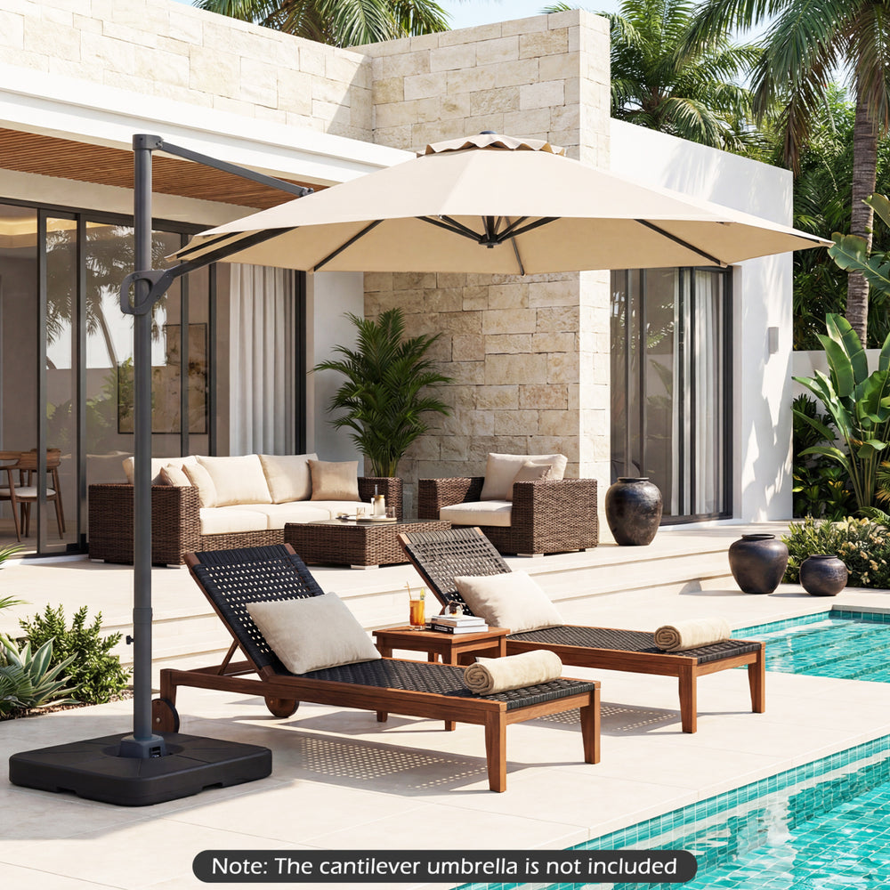 Weighted cantilever patio umbrella base in black, fillable with water or sand, designed for 9-10 ft umbrellas.