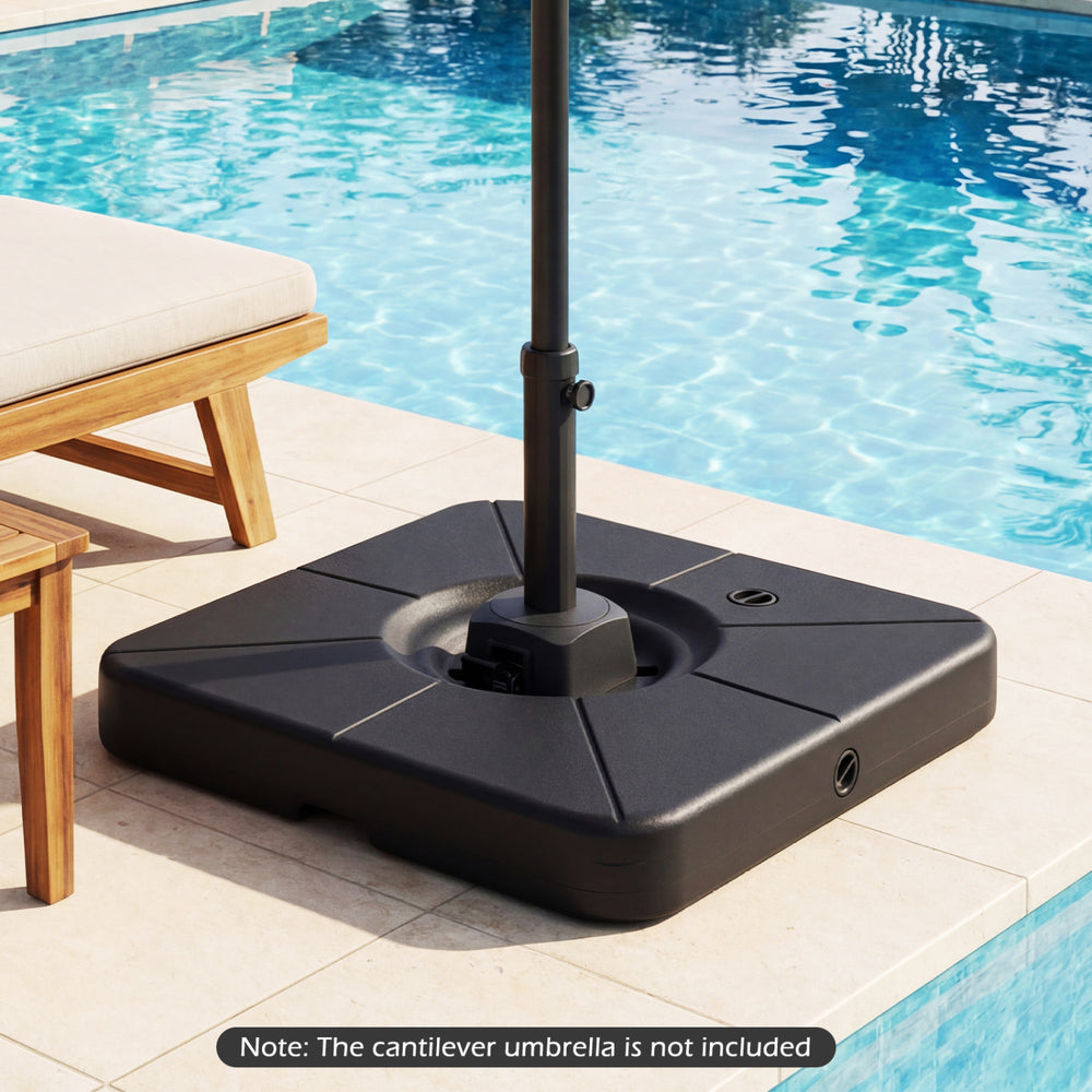 Weighted black patio umbrella base for 9-10 ft umbrellas, fillable with water or sand, ideal for outdoor stability.